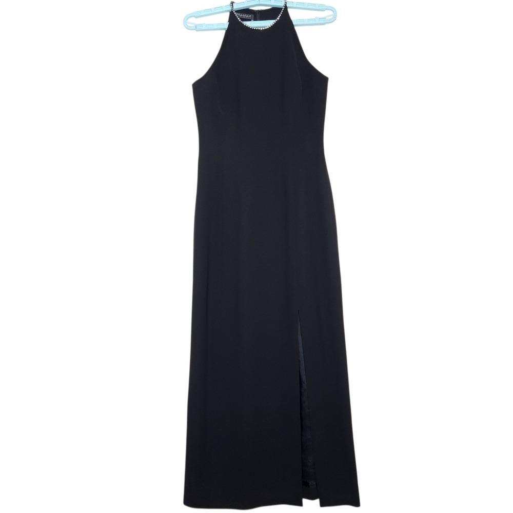 Tahari Collections Size 6 Black Sleeveless Maxi Gown Rhinestone Halter Racerback